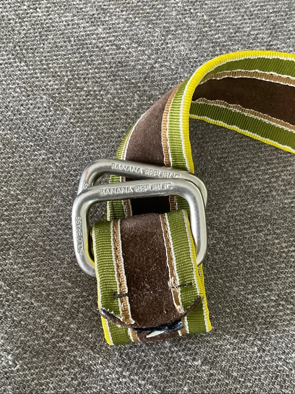 Banana Republic Brown and Green Striped Webbing Belt with Silver Buckle